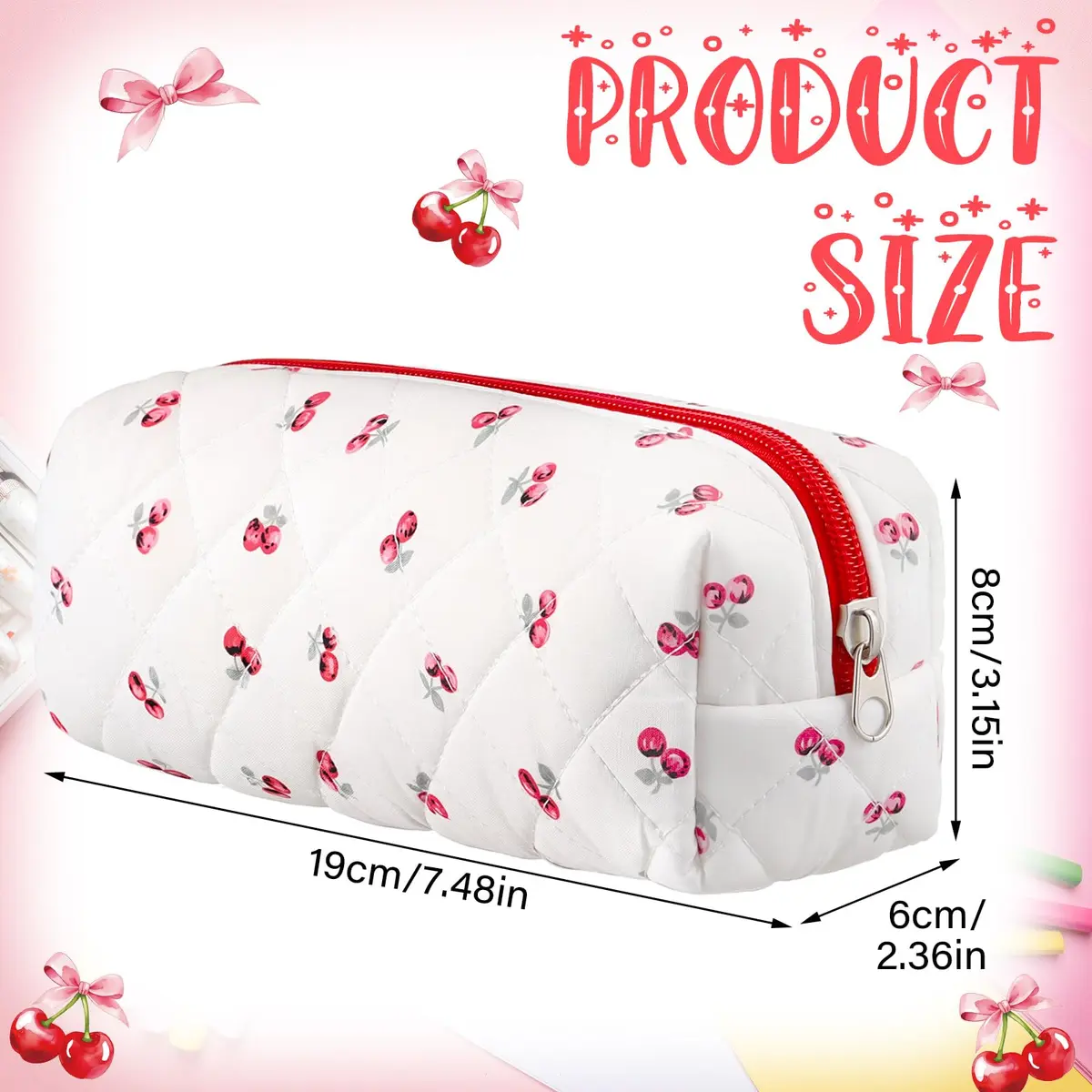 Sherr Cherry Pencil Case Cute Pencil Pouch | Lightweight, Travel-Friendly, Cotton, Zipper, 7.48 x 2.36 x 3.15 inches - view 2