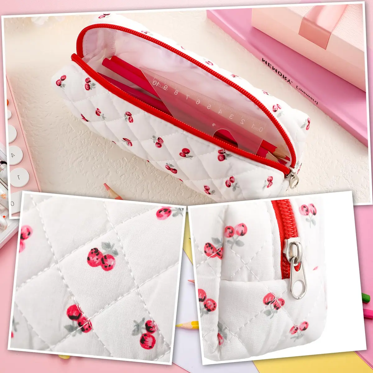 Sherr Cherry Pencil Case Cute Pencil Pouch | Lightweight, Travel-Friendly, Cotton, Zipper, 7.48 x 2.36 x 3.15 inches - view 3