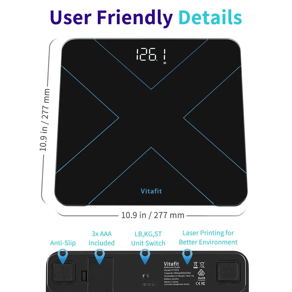 Vitafit Smart Digital Bathroom Scale for Body Weight, 182kg (400lb) | High Precision 0.05kg (0.1lb) with App Sync - view 4