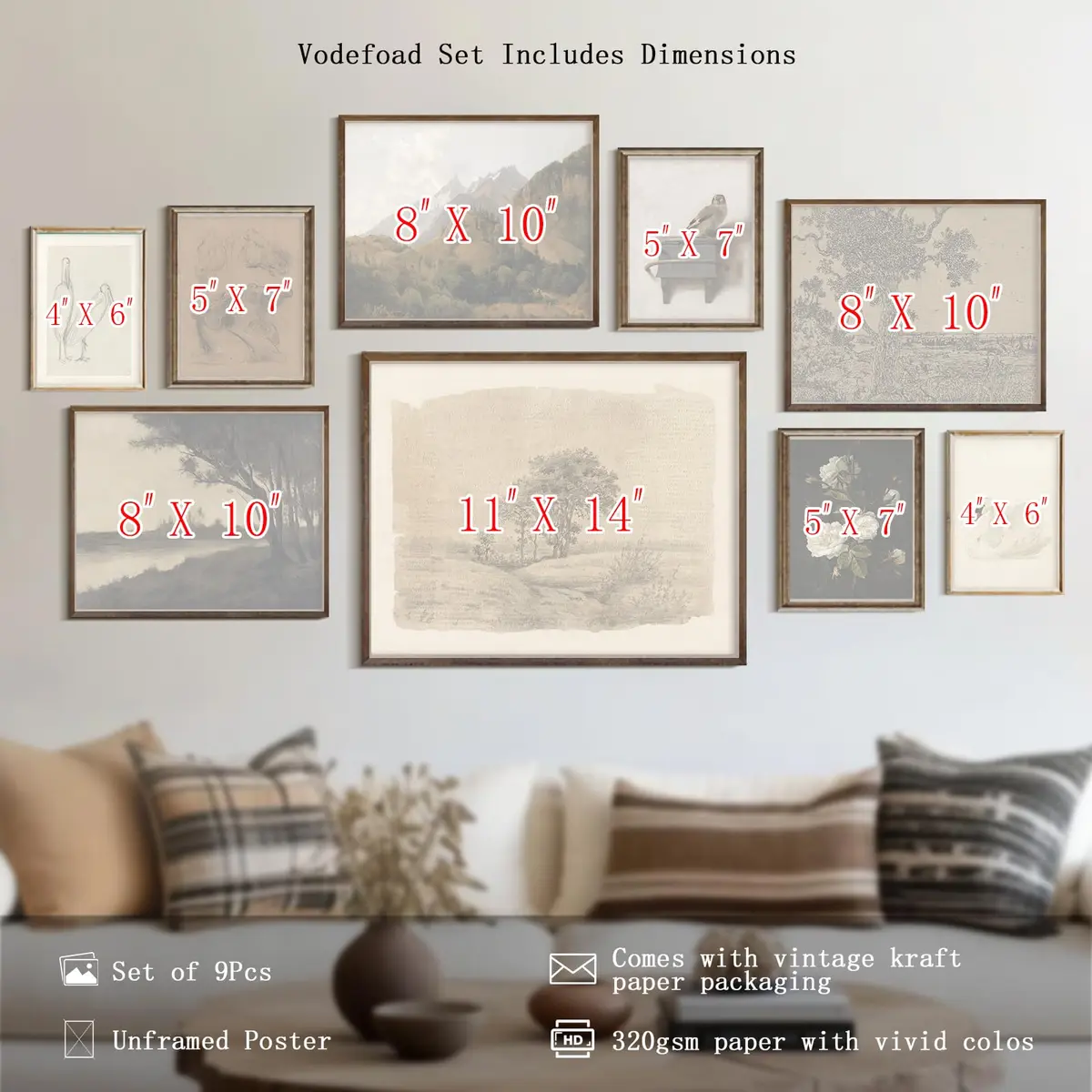 Vodefoad 9Pcs Vintage Gallery Wall Art Decor Prints | Rustic French Country Nature Landscape - view 3
