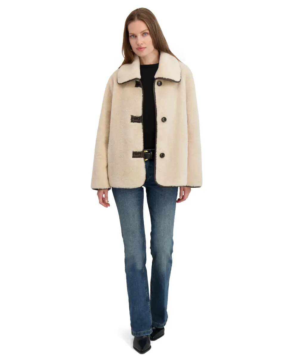 Tahari Women's Kai Reversible Faux Shearling Jacket with PU Trim, Light Beige, Small | Versatile 2-in-1 Style for Cold Weather - main product image