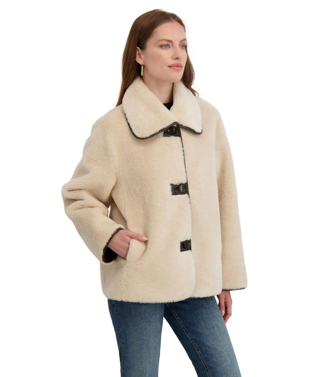 Tahari Women's Kai Reversible Faux Shearling Jacket with PU Trim, Light Beige, Small | Versatile 2-in-1 Style for Cold Weather - view 2