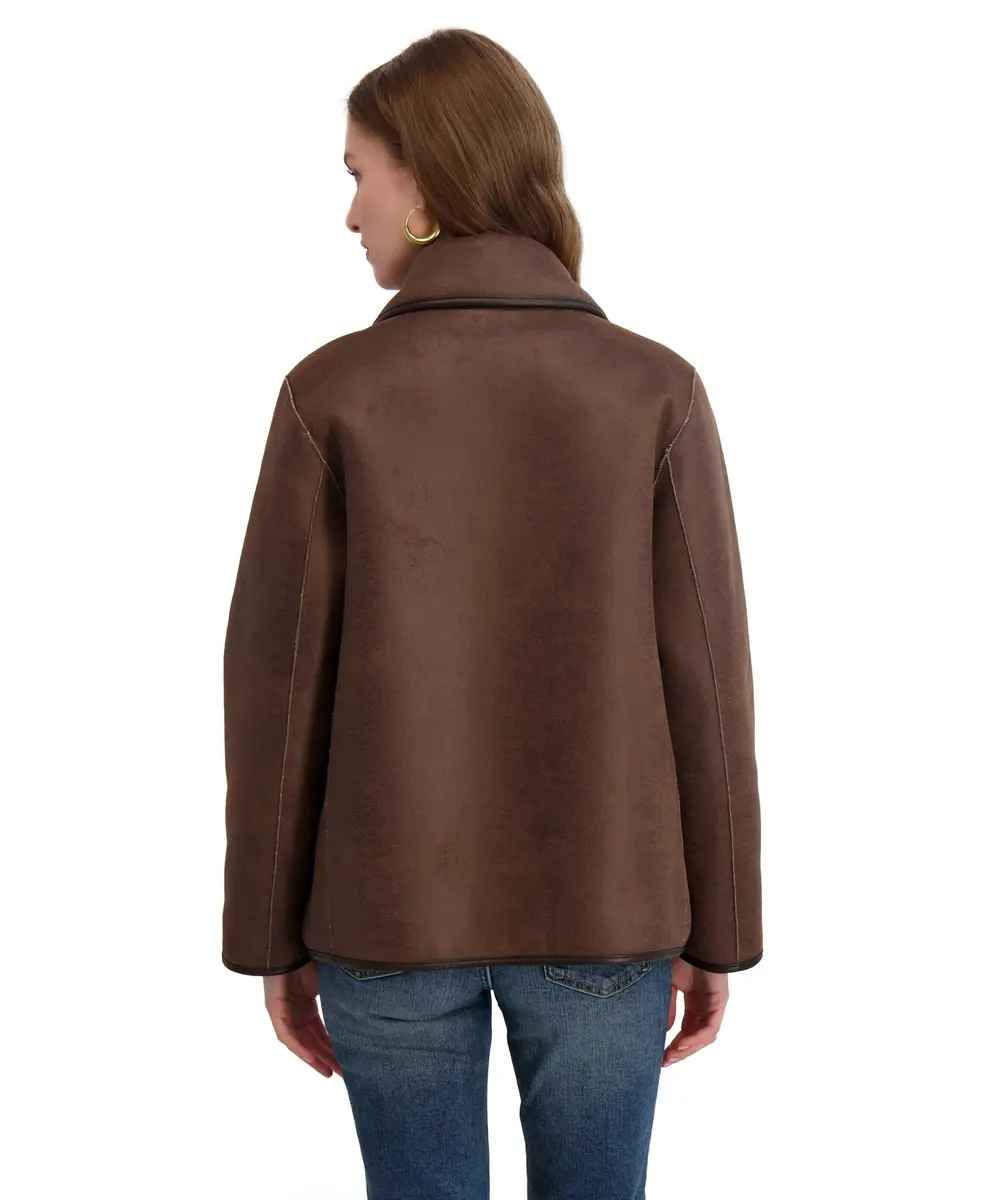 Tahari Women's Kai Reversible Faux Shearling Jacket with PU Trim, Light Beige, Small | Versatile 2-in-1 Style for Cold Weather - view 3