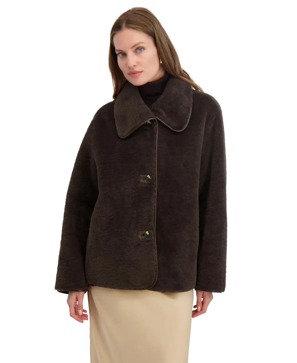 TAHARI Women's Kai Reversible Faux Shearling Jacket with PU Trim, Chocolate, Small | Versatile 2-in-1 Cozy & Polished - main product image