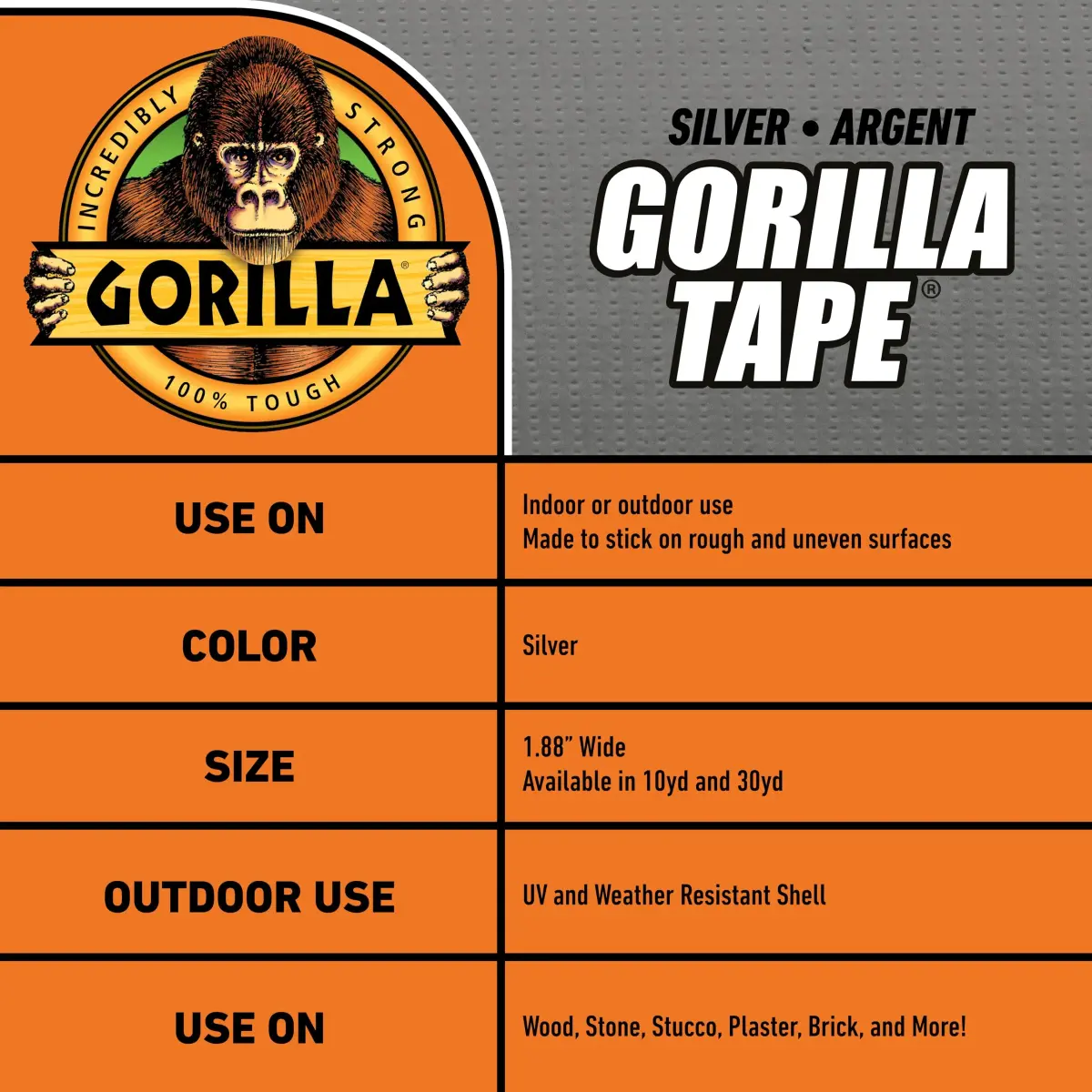 Gorilla Tape Silver 1.88 in x 10 yd (Pack of 6) | Triple Layer Strength for Tough Jobs - view 5