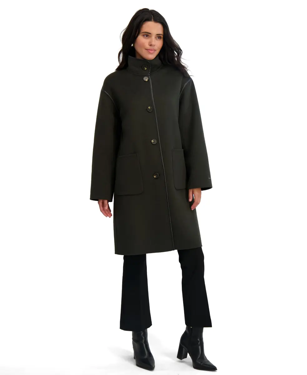 TAHARI Women's Sydney Soft Wool Topper Coat, Olive, Large | Relaxed Fit with Modern PU Trim - main product image