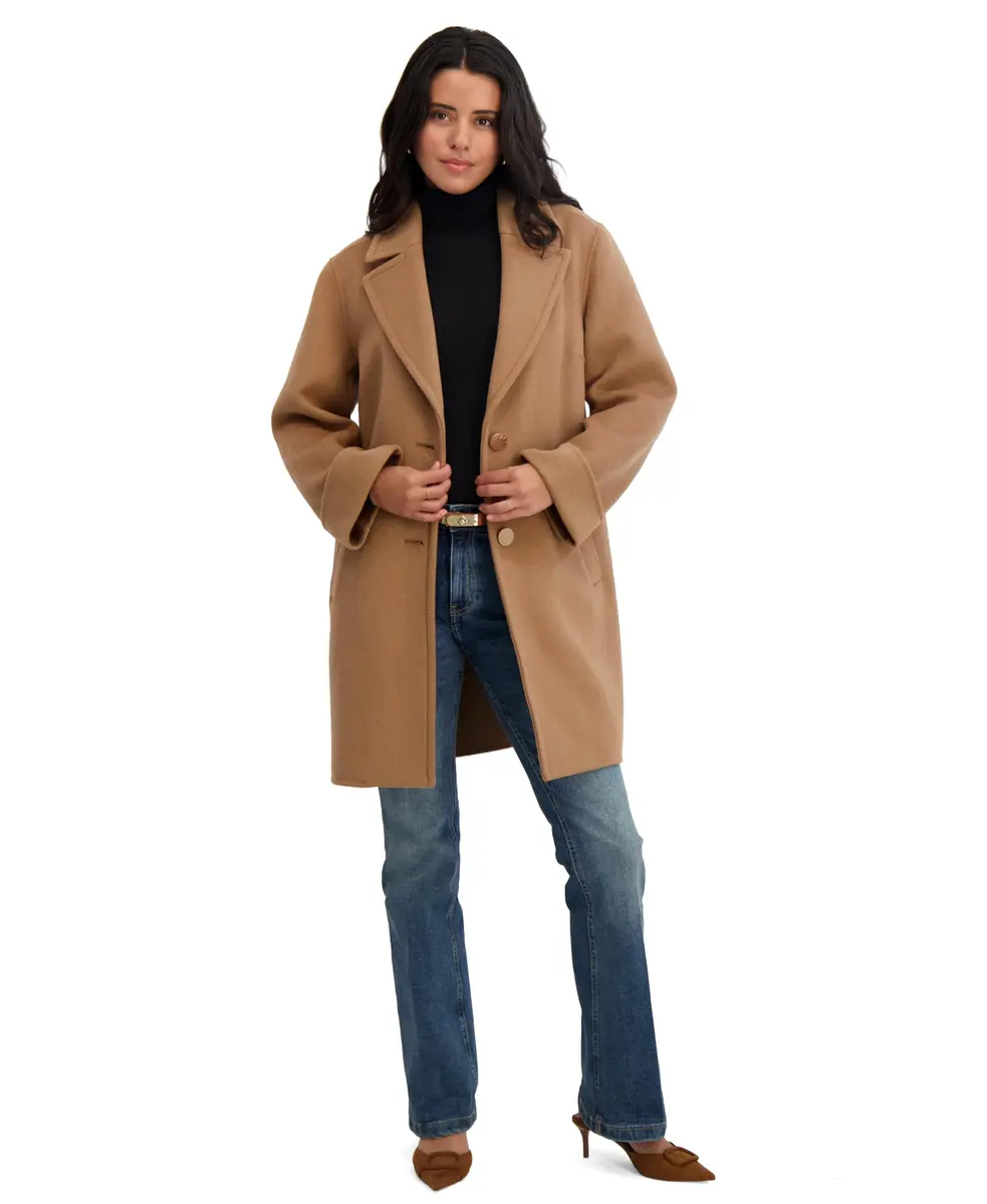TAHARI Women's Sandra Wool Blend Topper Peacoat, Camel, Large | Classic Wool Peacoat with Notched Lapel & Roll Cuffs - main product image