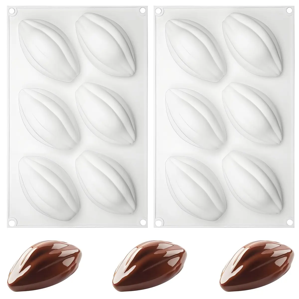 Fchil Silicone Cocoa Bean Mold 6-Cavity (2 Molds, 12 Cavities Total) | Professional Chocolate Candy Making - main product image