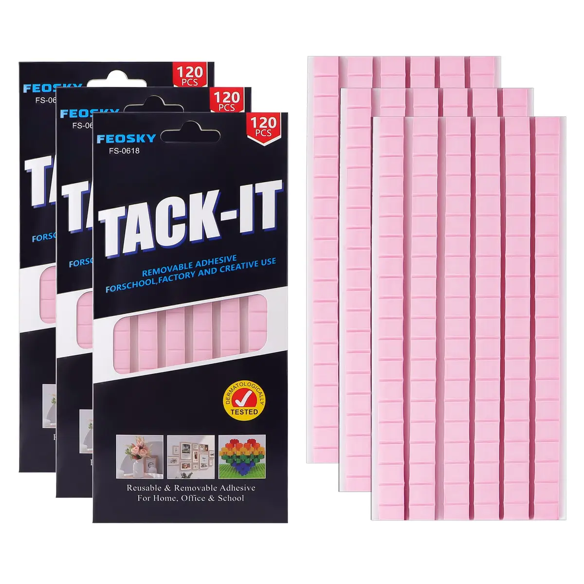 Feosky Pink Adhesive Poster Sticky Tack Putty 120 Pieces | Reusable & Removable Mounting Putty for Walls, Pictures, Crafts - main product image
