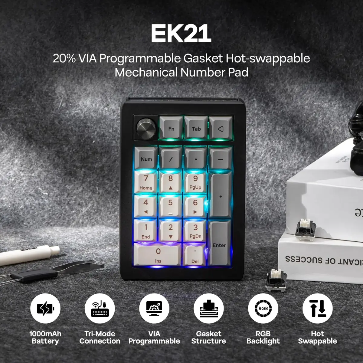 EPOMAKER EK21 VIA Gasket Number Pad with 1000mAh Battery, BT 5.0/2.4GHz/Wired | Programmable Numpad for PC Gaming - view 2