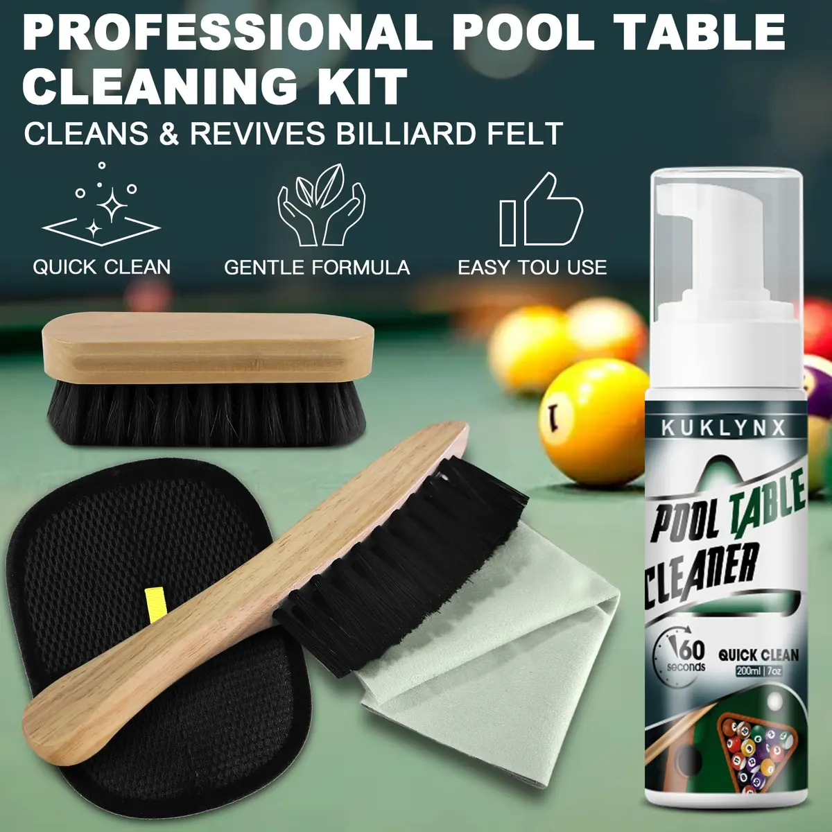 KukLynx Pool Table Cleaning Kit with Foam Spray & Brushes | Professional Billiards Accessories (70-120c) - view 3