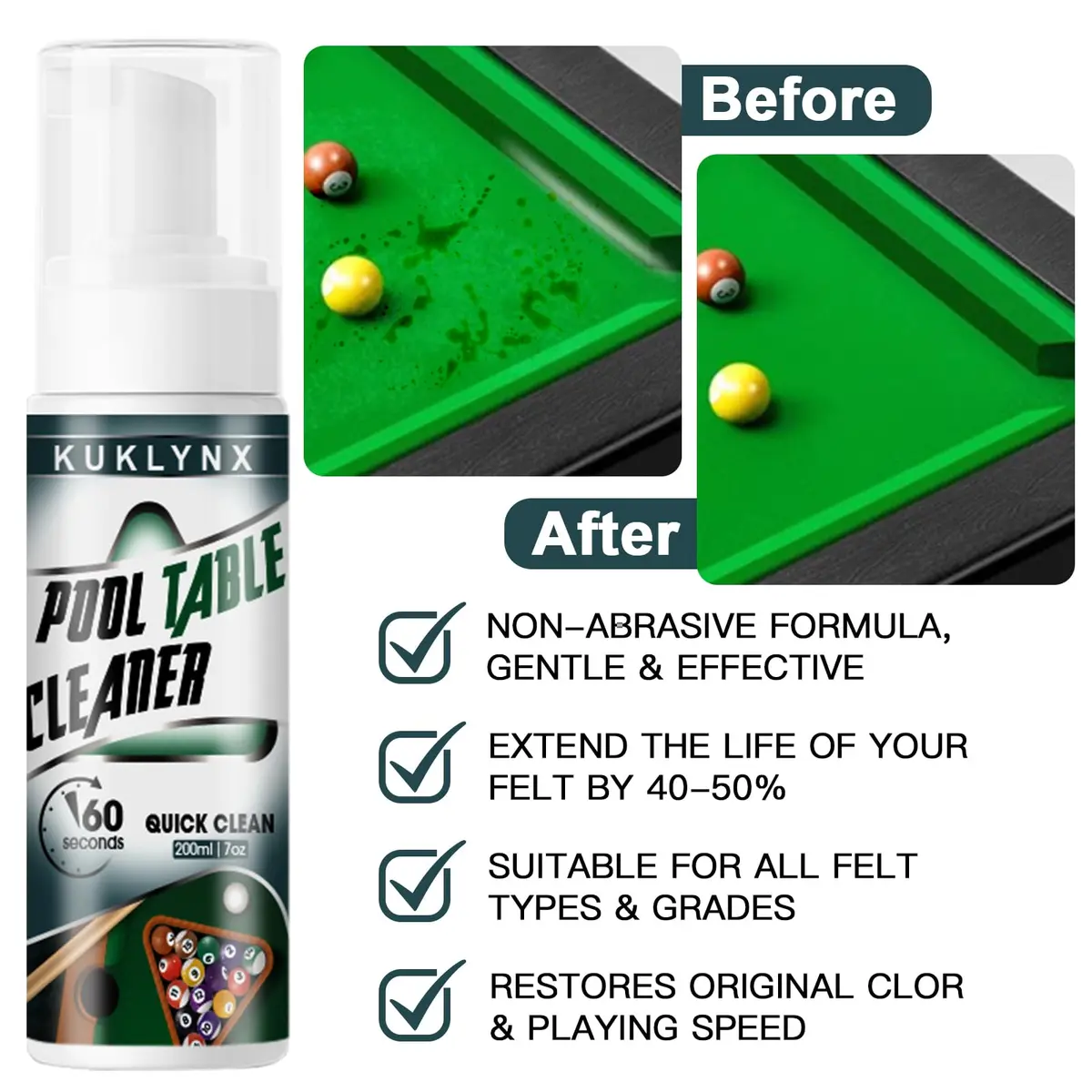 KukLynx Pool Table Cleaning Kit with Foam Spray & Brushes | Professional Billiards Accessories (70-120c) - view 4