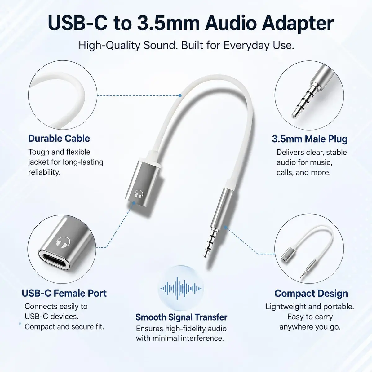 Tiosen 3.5mm Male to Type-C Female Audio Adapter Cable | White, Compatible with Smartphones, MP3 Players, Laptops, Tablets - view 6