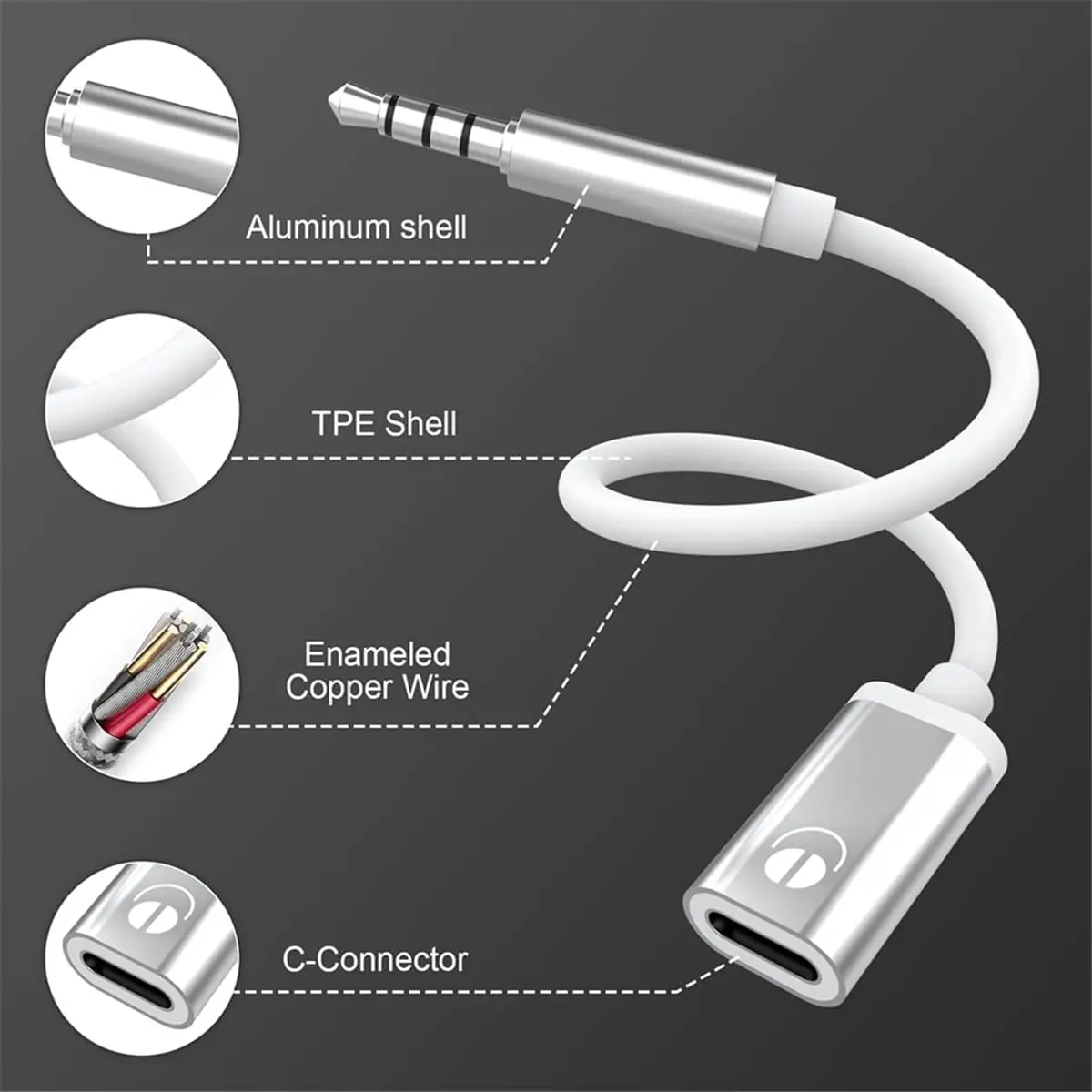 Tiosen 3.5mm Male to Type-C Female Audio Adapter Cable | White, Compatible with Smartphones, MP3 Players, Laptops, Tablets - view 9