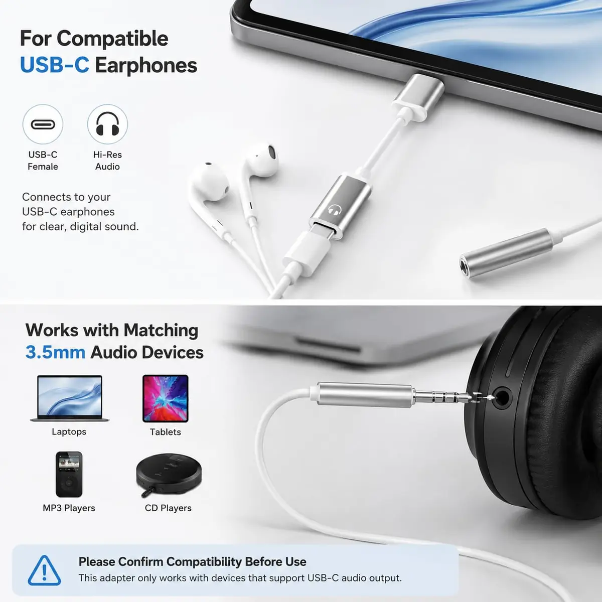Tiosen 3.5mm Male to Type-C Female Audio Adapter Cable | White, Compatible with Smartphones, MP3 Players, Laptops, Tablets - view 2