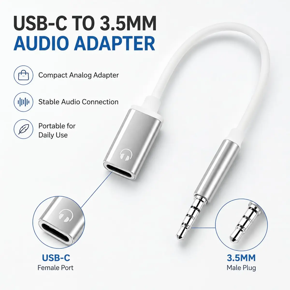 Tiosen 3.5mm Male to Type-C Female Audio Adapter Cable | White, Compatible with Smartphones, MP3 Players, Laptops, Tablets - view 5