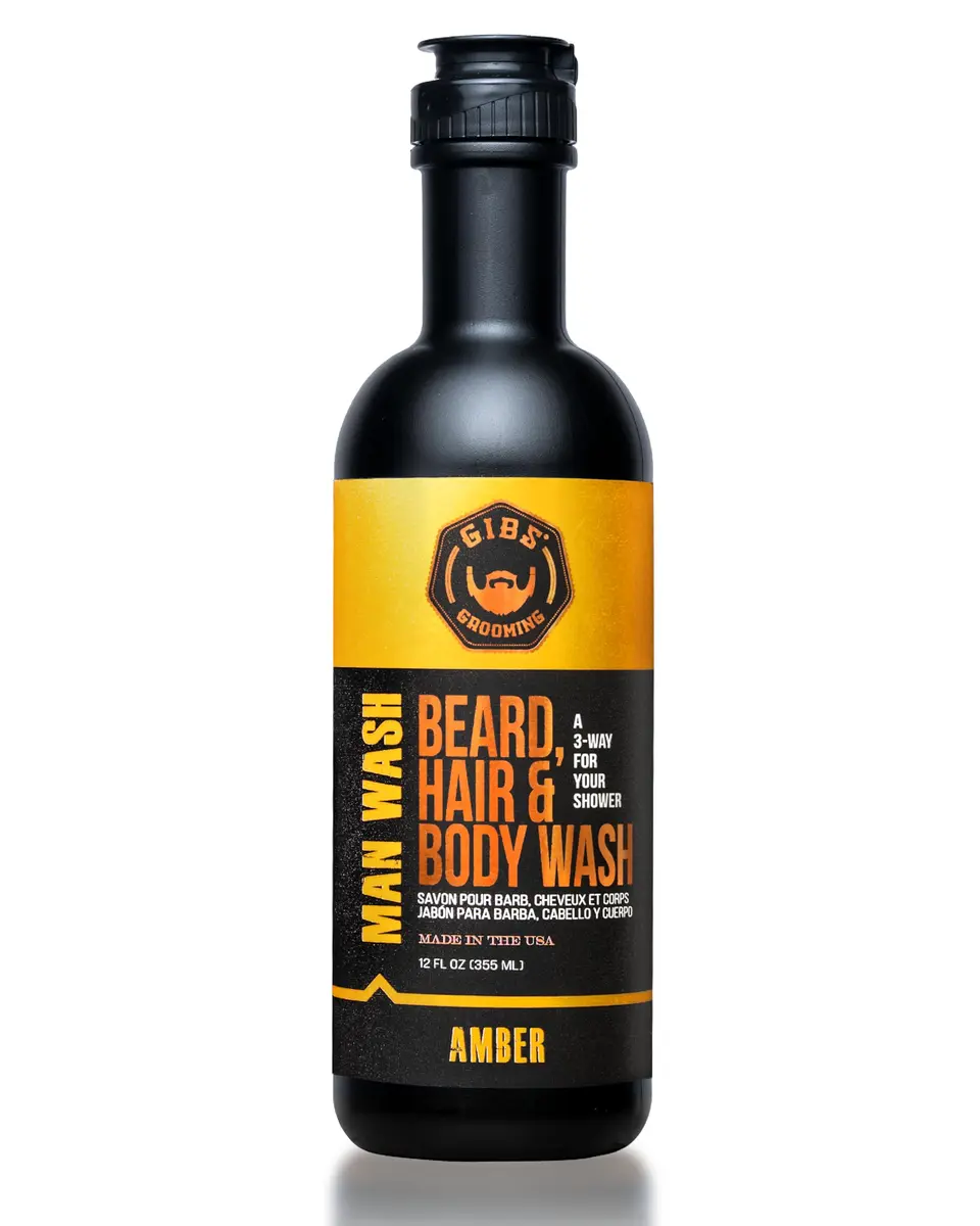 GIBS Grooming Amber Man Wash 12 fl oz | 3-in-1 Beard, Hair & Body Soap, Sulfate-Free, Made in USA - main product image