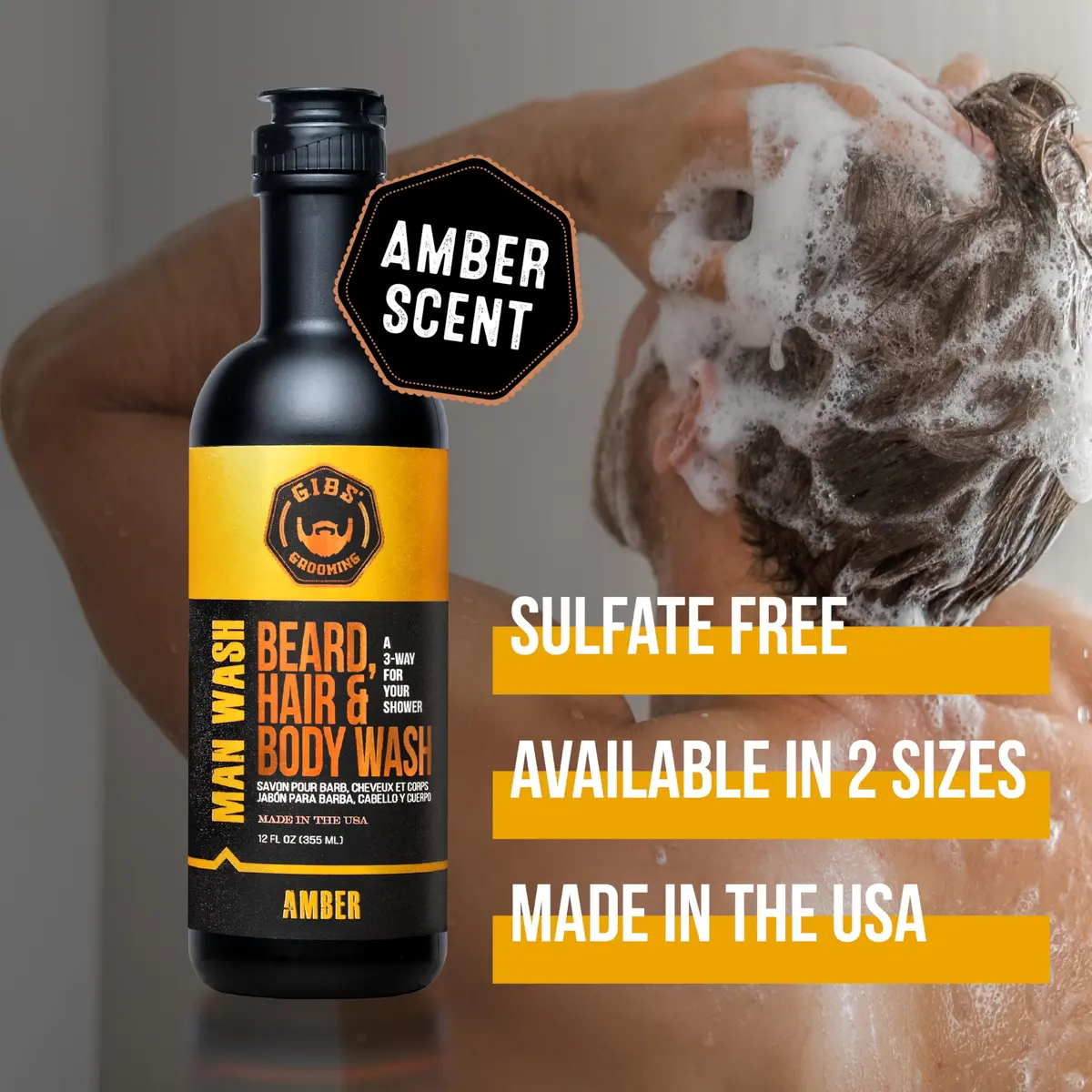 GIBS Grooming Amber Man Wash 12 fl oz | 3-in-1 Beard, Hair & Body Soap, Sulfate-Free, Made in USA - view 5