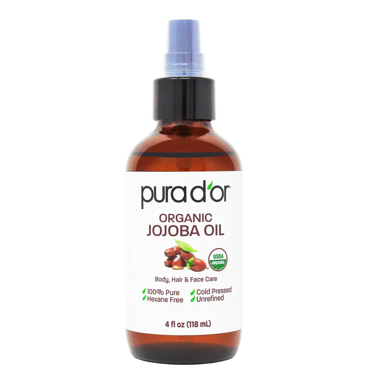 PURA D'OR Organic Jojoba Oil 118ml (4 Fl Oz) | USDA Certified Pure Natural Moisturizer for Skin, Hair, Body, Face & Nails - main product image