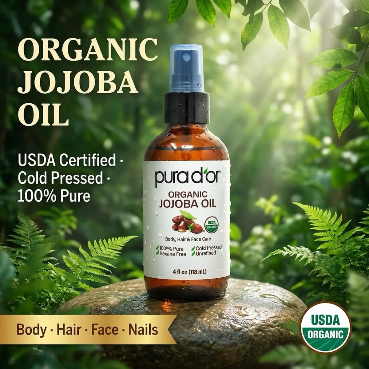 PURA D'OR Organic Jojoba Oil 118ml (4 Fl Oz) | USDA Certified Pure Natural Moisturizer for Skin, Hair, Body, Face & Nails - view 2
