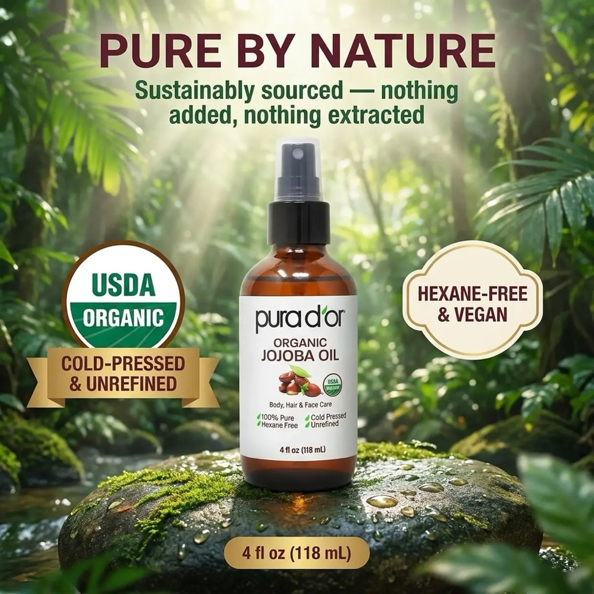 PURA D'OR Organic Jojoba Oil 118ml (4 Fl Oz) | USDA Certified Pure Natural Moisturizer for Skin, Hair, Body, Face & Nails - view 3