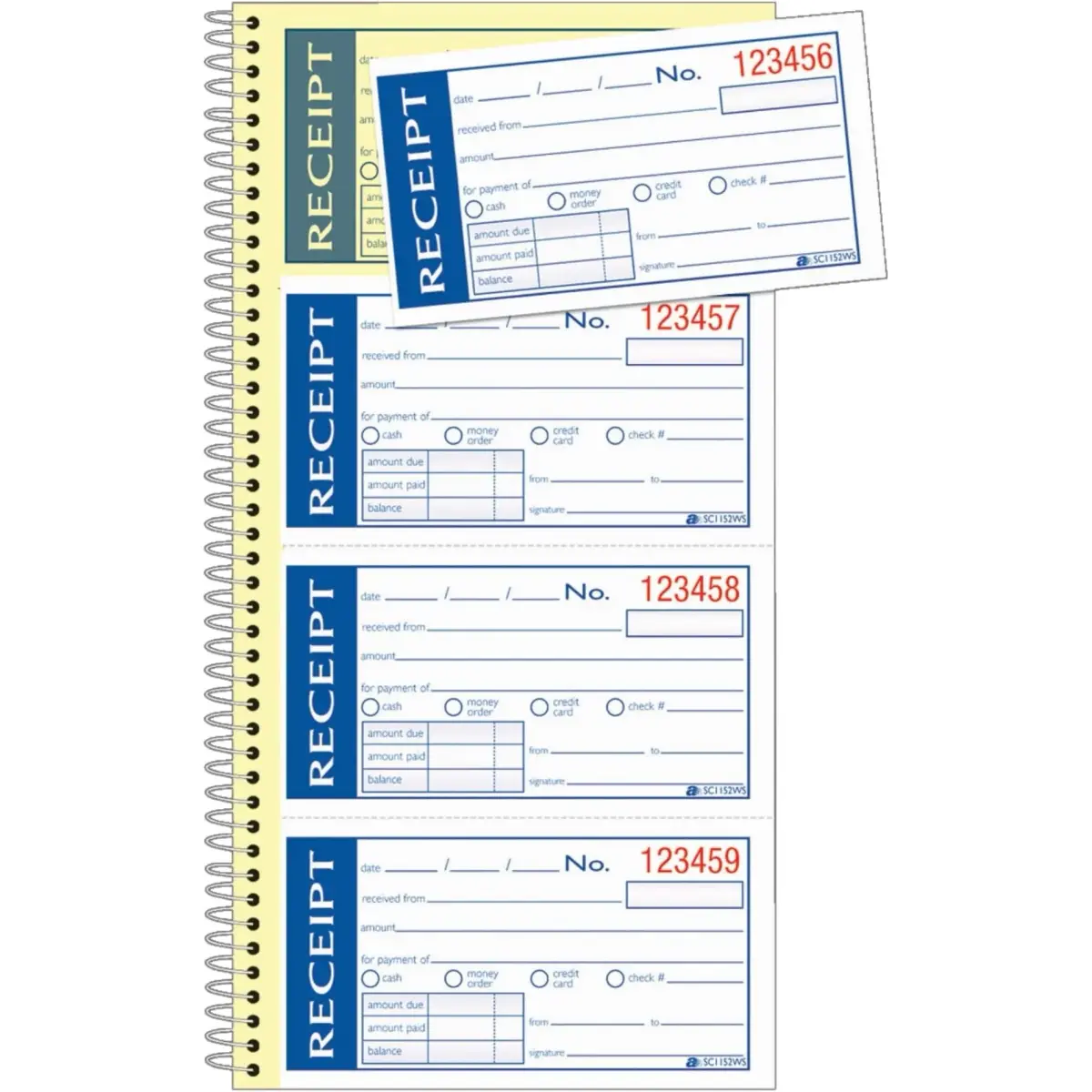 Adams Write 'n Stick Receipt Book, 2-Part, Carbonless, White/Canary, 5.25" x 11" (13.3cm x 27.9cm), Pack of 12 Books | Spiral Bound, 200 Sets per Book - main product image