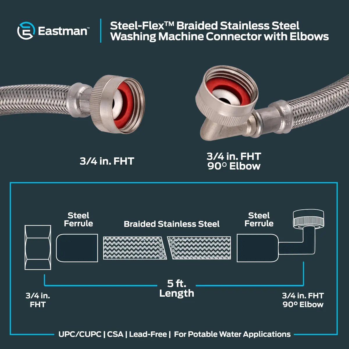 Eastman Braided Stainless Steel Washing Machine Hose Connectors with Elbows 1.52 m (5 ft) Pack of 2 | Full Flow, High Pressure, CSA Certified - view 6