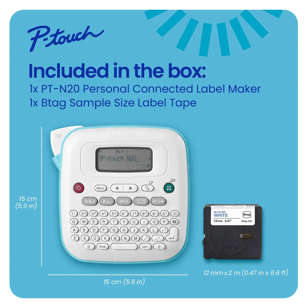 Brother P-Touch PT-N20 Label Maker with 3 Btag Tape Rolls | Prints 2 Lines, 9mm Height, 12mm Width - view 2