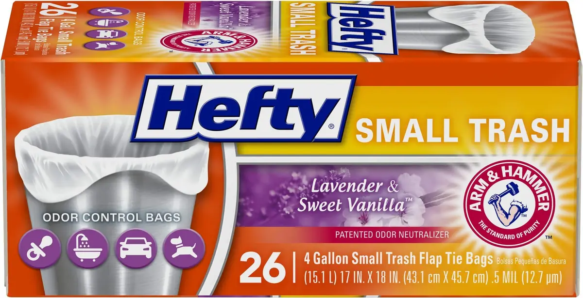 Hefty Small Garbage Bags, Flap Tie, Lavender & Sweet Vanilla Scent, 4 Gallon, 312 Count (Pack of 12) | Odor Control & Leak Protection - main product image