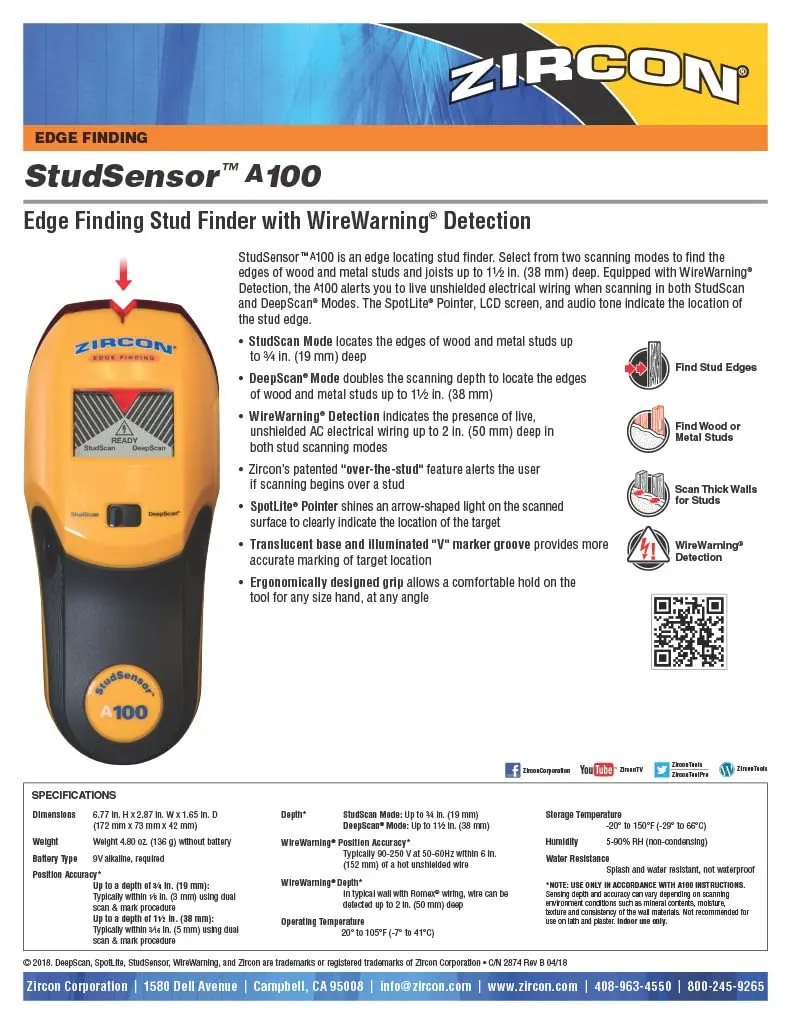 Zircon StudSensor A100 Edge & Live Wire Detection Pack of 4 | Accurate Wall Scanner with LCD & Audio - view 7