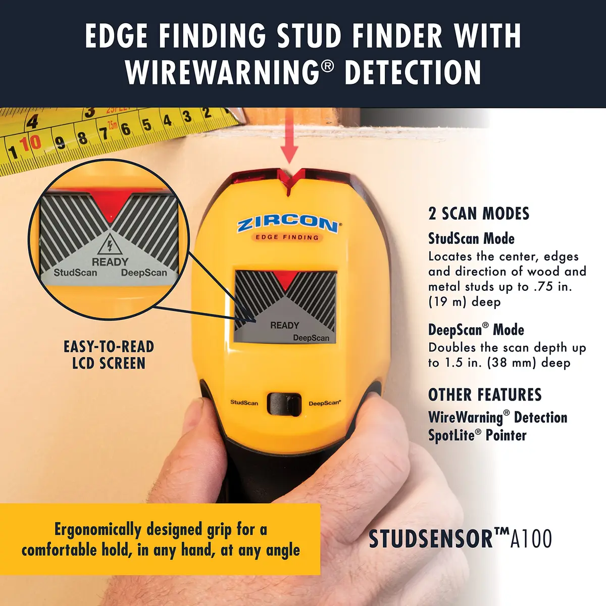 Zircon StudSensor A100 Edge & Live Wire Detection Pack of 4 | Accurate Wall Scanner with LCD & Audio - view 3