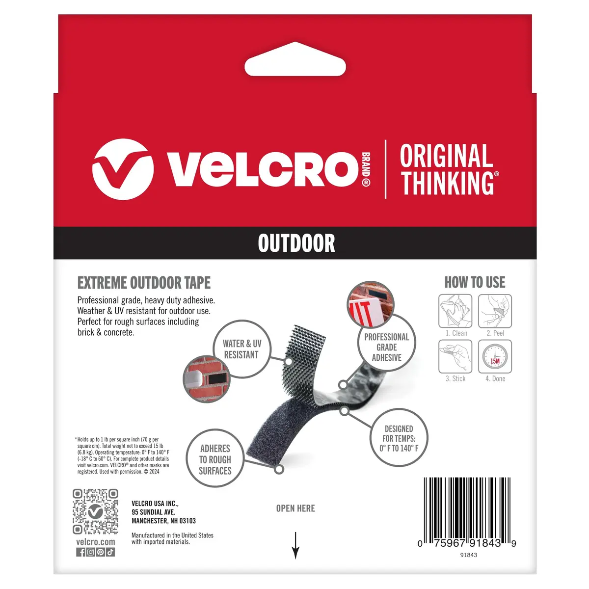 VELCRO Brand Extreme Outdoor Heavy Duty Tape 10ft x 1in (3.04m x 2.54cm) Black | Holds 15 lbs (6.8 kg) per 1-inch strip - view 2