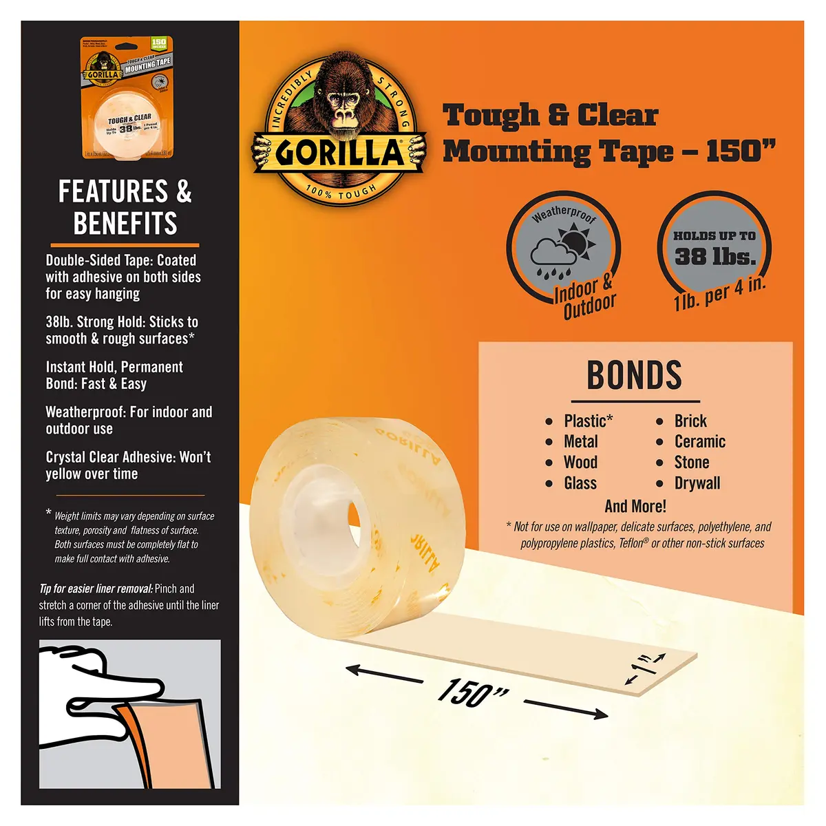 Gorilla Tough & Clear Double Sided Mounting Tape 1" x 150" (Pack of 6) | Weatherproof for Indoor/Outdoor - view 2