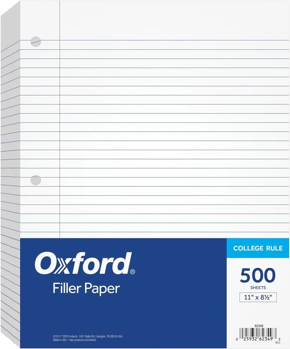 Oxford Loose Leaf Paper 8.5" x 11" | College Ruled, 500 Sheets, 3-Hole Punched (Pack of 10) - main product image
