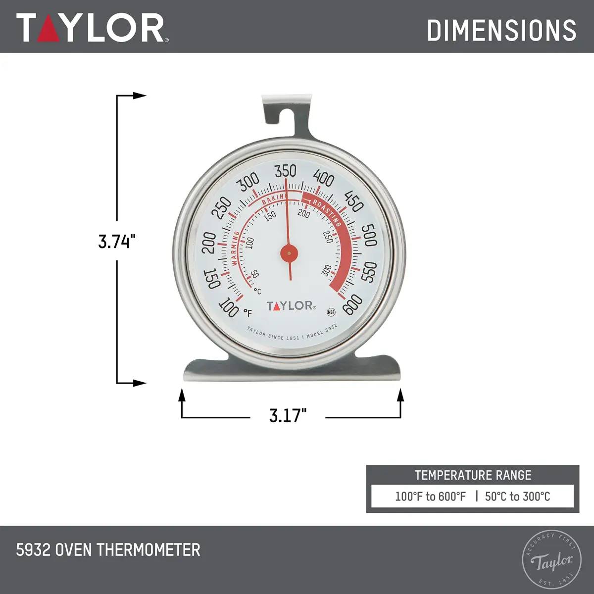 Taylor 5932 Large Dial Oven Thermometer, 3.25 Inch Stainless Steel Kitchen Cooking Thermometer for Oven, BBQ, Grill, Roasting, High Heat Resistance, Silver (Pack of 12) - view 3