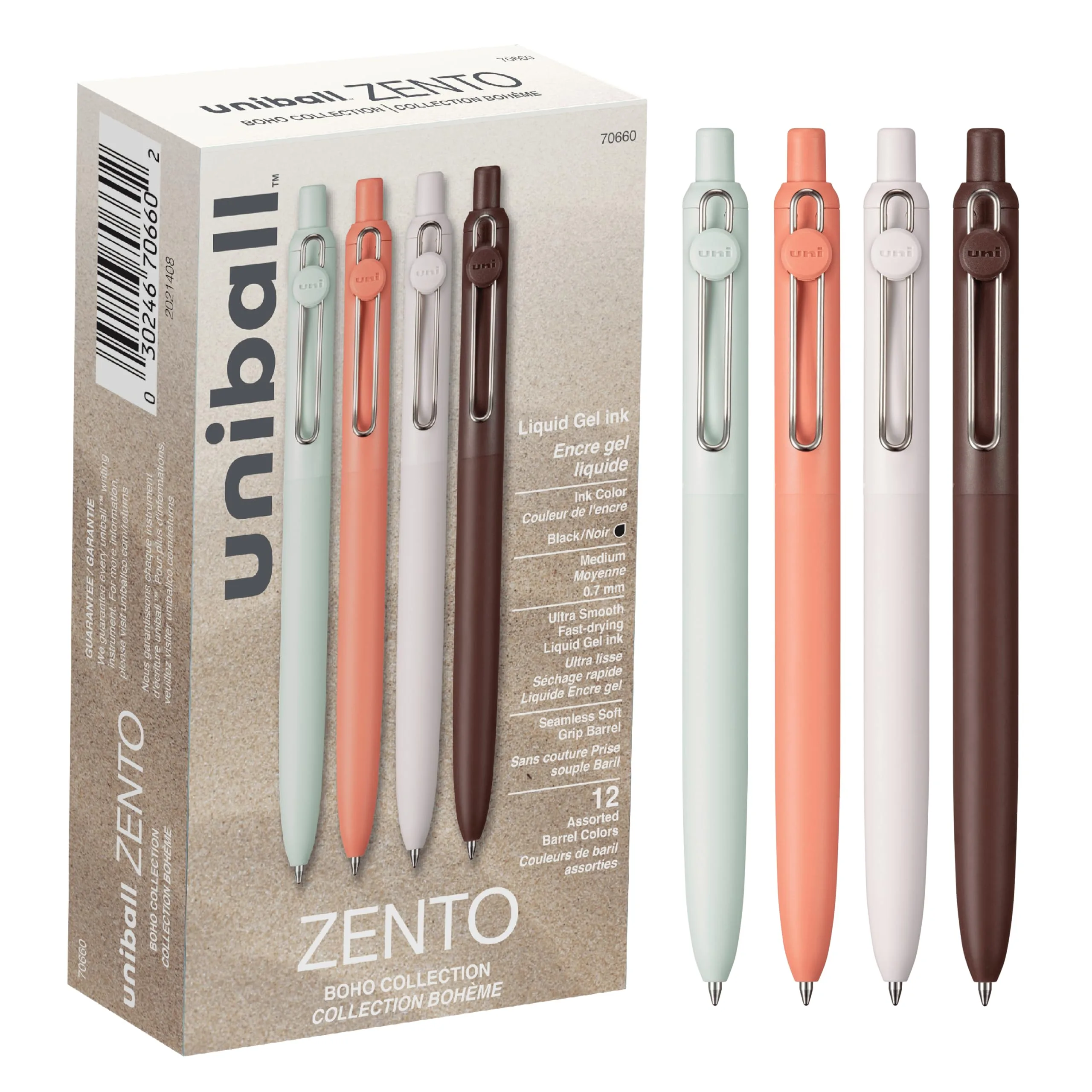 Uni-Ball Zento Liquid Gel Ink Pens Medium Point (0.7mm) Boho Barrels Black Ink, Pack of 12 | Smooth Writing for Students & Professionals - main product image