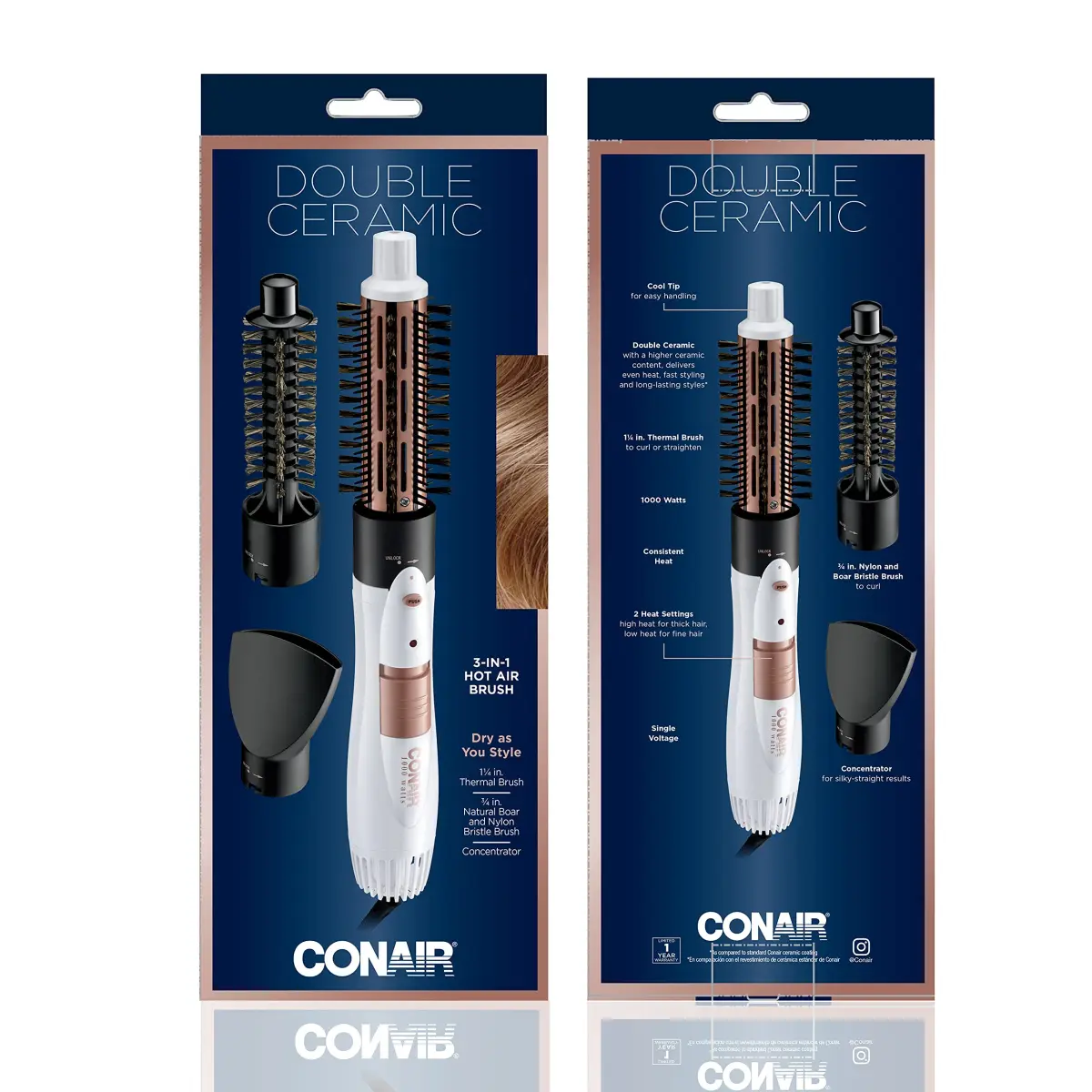 Conair Double Ceramic 3-in-1 Hot Air Brush with 4 Interchangeable Attachments | 1000W Styling Tool for Curls & Straight Styles - view 6