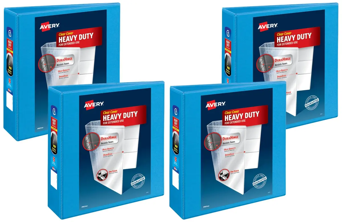 Avery Heavy-Duty View 3 Ring Binder, 3" One Touch Slant Rings, Holds 8.5" x 11" Paper, 1 Light Blue Binder (Pack of 4) | Durable Office & School Supply - main product image