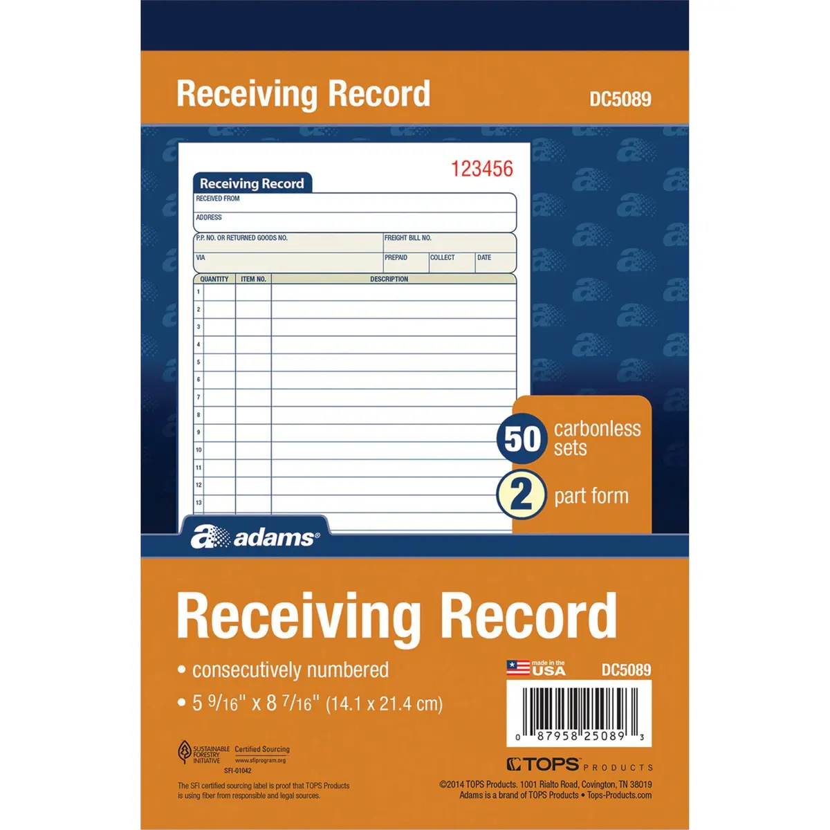 Adams Receiving Record Book, 2-Part, Carbonless, 8-7/16 x 5-9/16 Inches, White, 50 Sets | Professional Recordkeeping (115 chars) - view 2