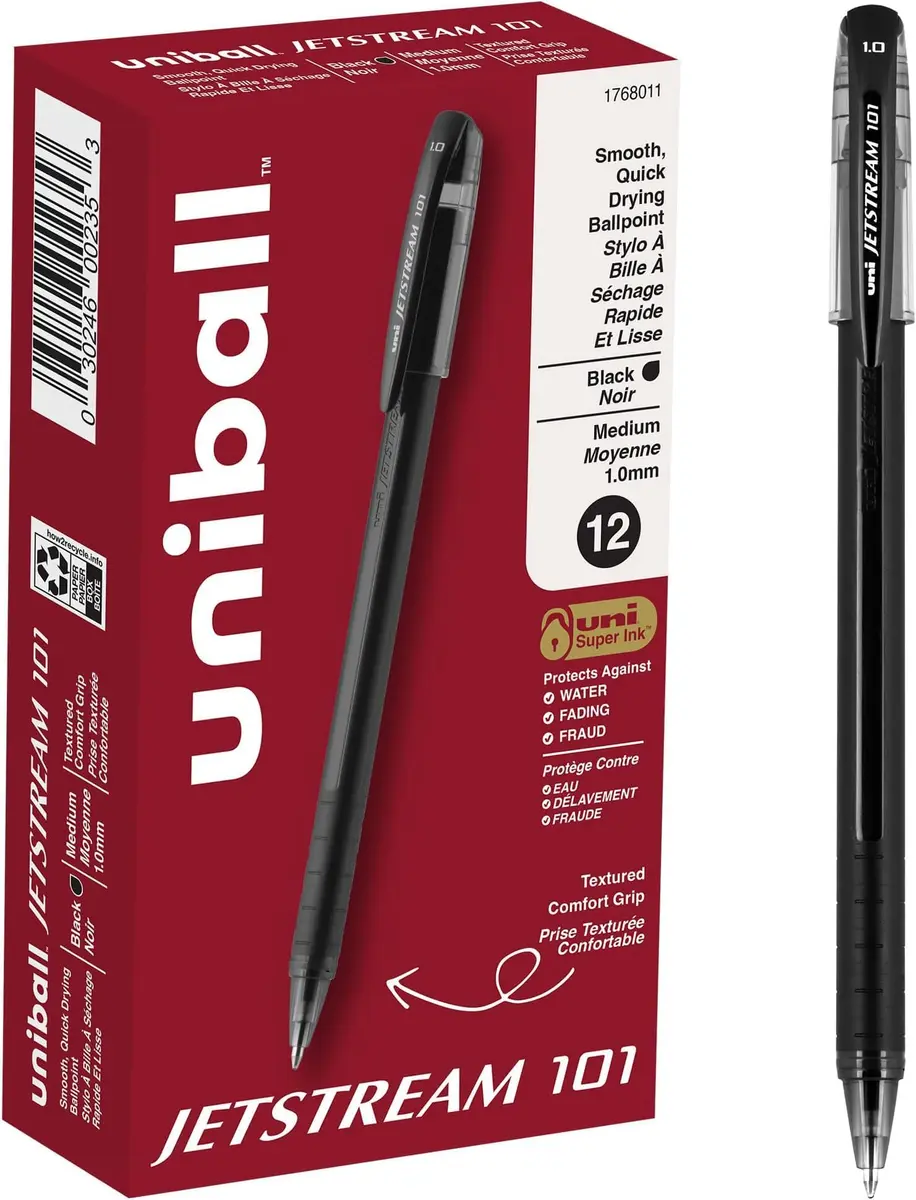 Uni-Ball Jetstream 101 Rollerball Pens, Stick, Bold 1mm, Black Ink, Black Barrel | Pack of 144 - main product image
