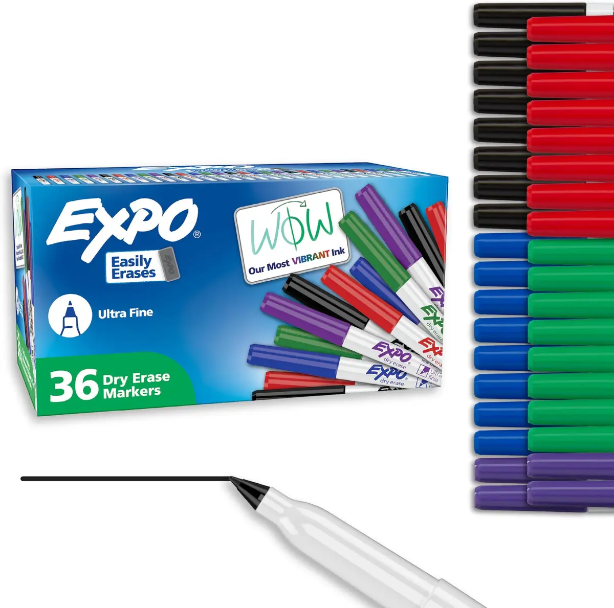 EXPO Dry Erase Markers, Low Odor Ink, Assorted Colors, Ultra Fine Tip, 216 Count (Pack of 6) | Vibrant Ink for Whiteboards & Non-Porous Surfaces - main product image