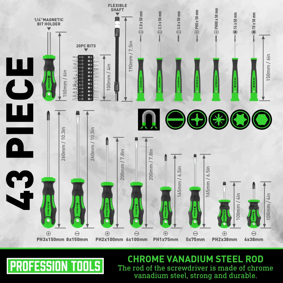 Amartisan 43-Piece Magnetic Screwdriver Set with Case, Green | Precision & Multi-Bit Tools - view 5
