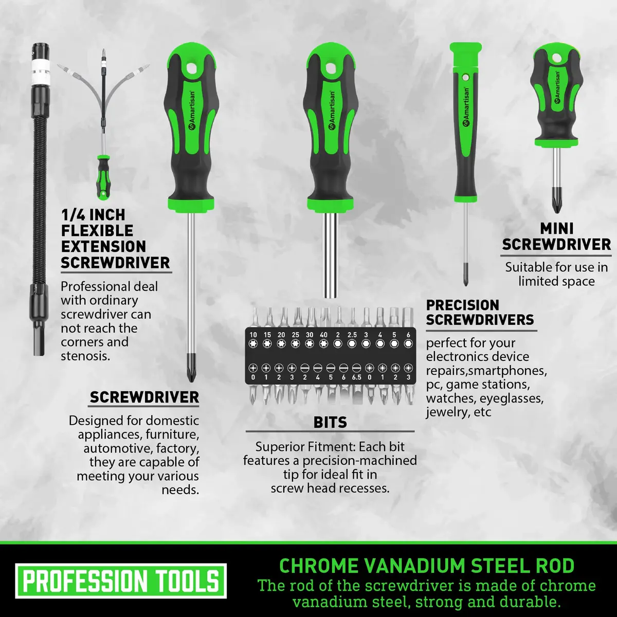 Amartisan 43-Piece Magnetic Screwdriver Set with Case, Green | Precision & Multi-Bit Tools - view 3