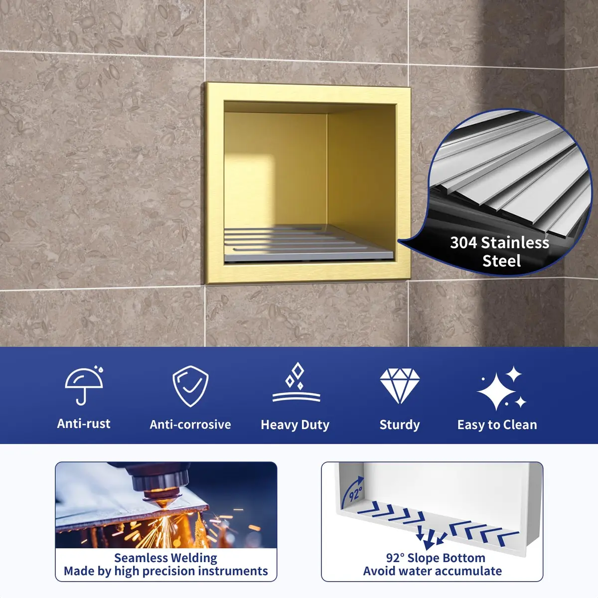 Bernkot Shower Niche, Wall Shower Stool Niche for Bathroom | Rust-Resistant 304 Stainless Steel Recessed Shelf (4.8'' x 6'') - view 7
