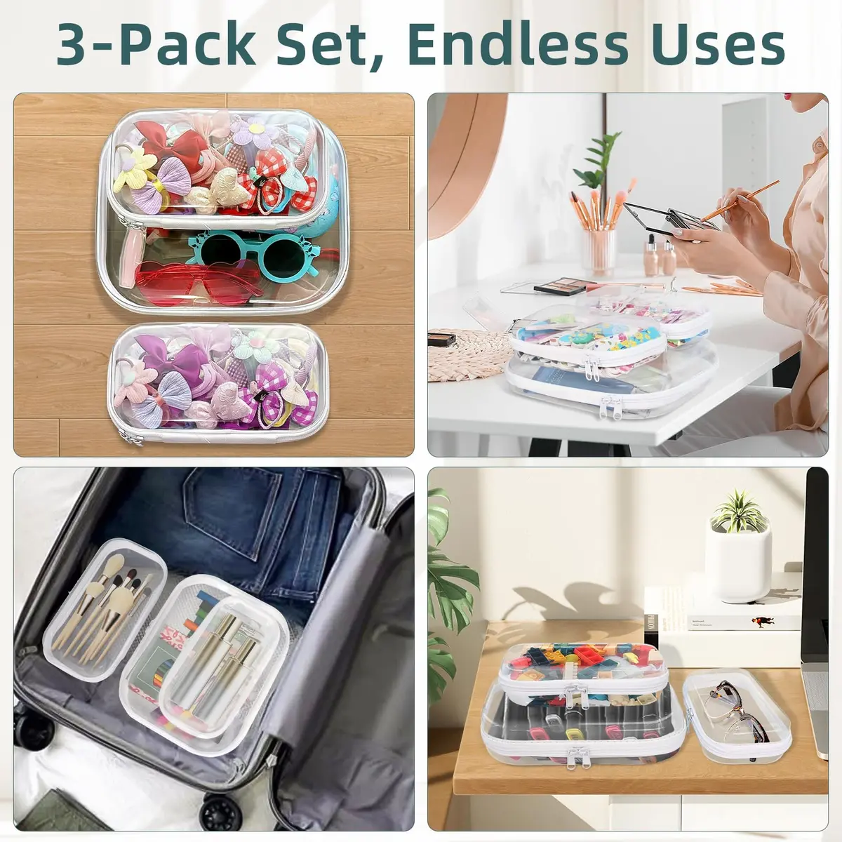 CarryEpic Clear Hard Shell Zipper Cases (3-Pack: 2 Small, 1 Medium) | TSA-Approved Travel Organizer - view 2