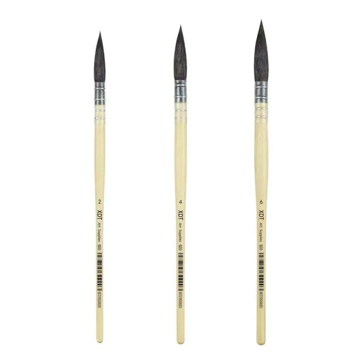 XDT#920 Round Watercolor Artist Paint Brush 3 Piece Set Medium Soft Black Goat Hair Long Handle #2#4#6 - main product image