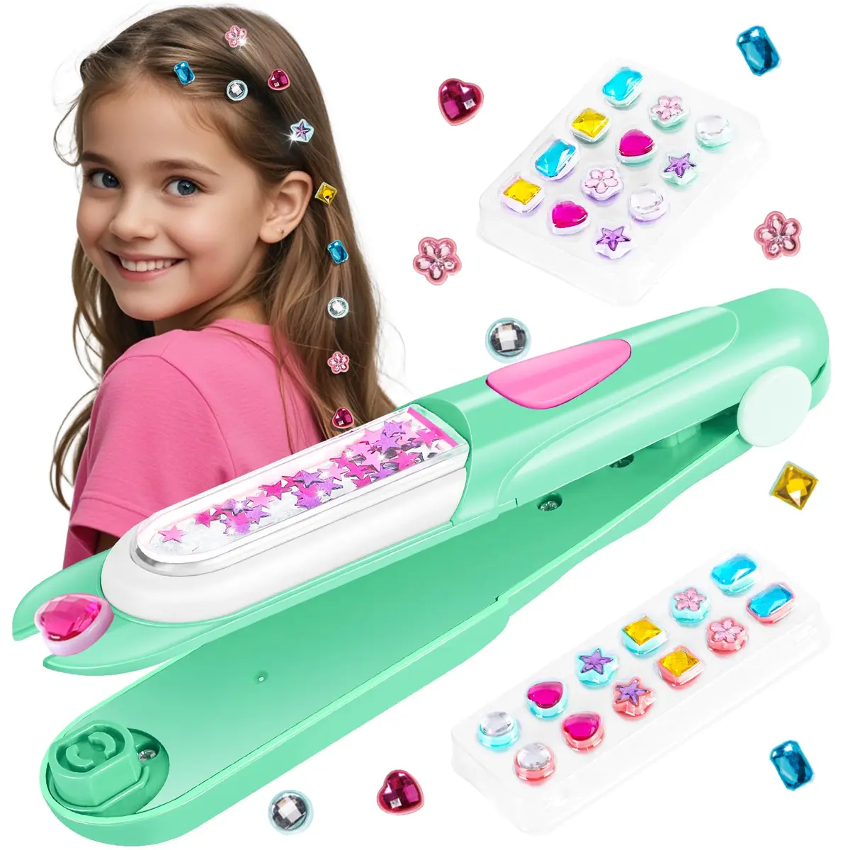 kidzkube Hair Gem Stamper Kit with Reusable Diamonds | Fun Styling Tool for Girls Ages 3-12 (Green) - main product image