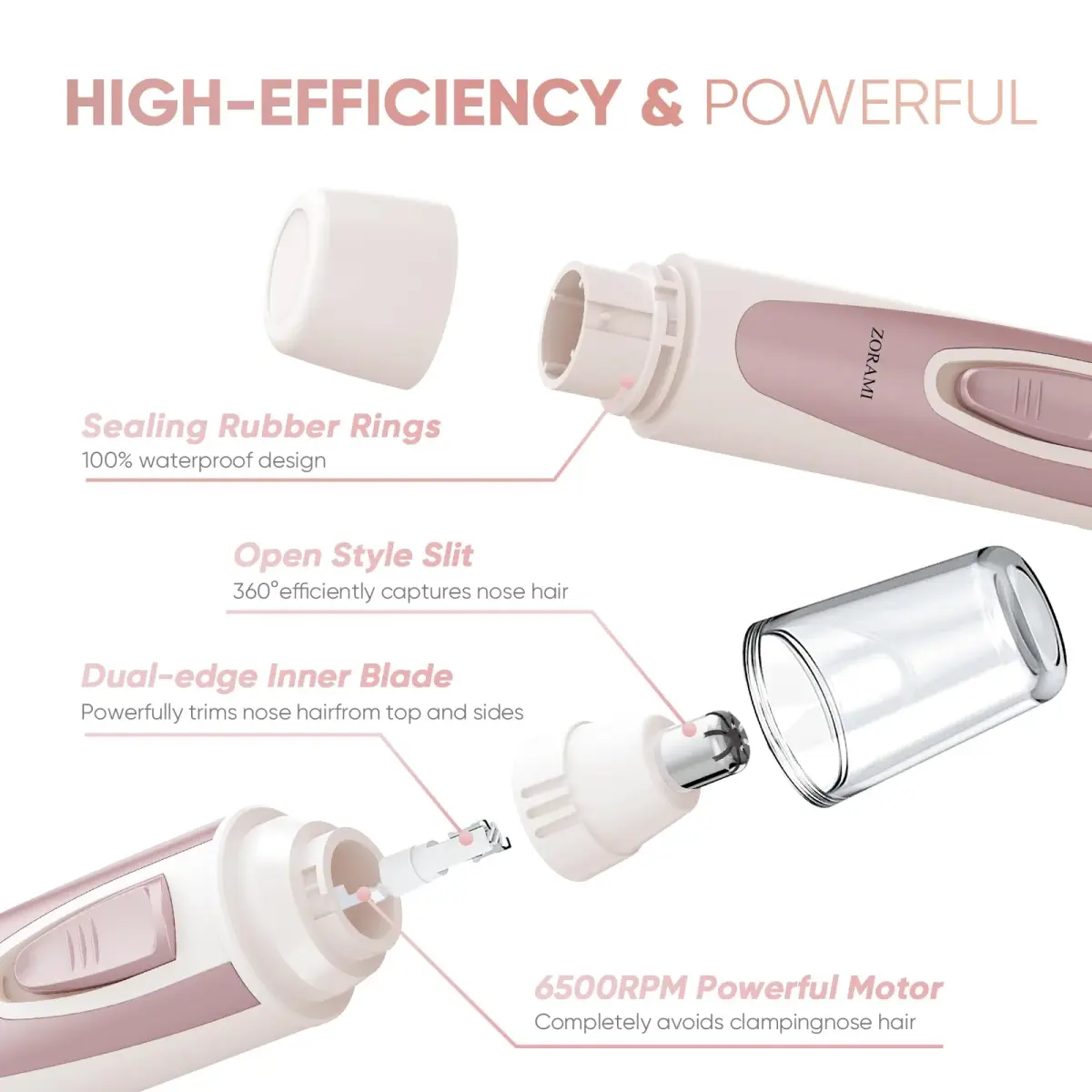 ZORAMI Rose Pink Ear and Nose Hair Trimmer Clipper | Painless Dual-Edge Blades - view 4