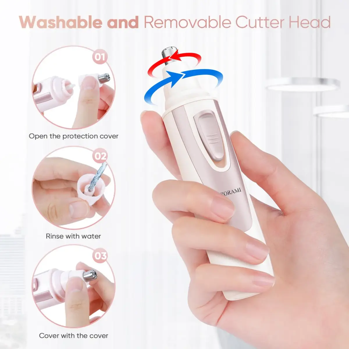 ZORAMI Rose Pink Ear and Nose Hair Trimmer Clipper | Painless Dual-Edge Blades - view 5