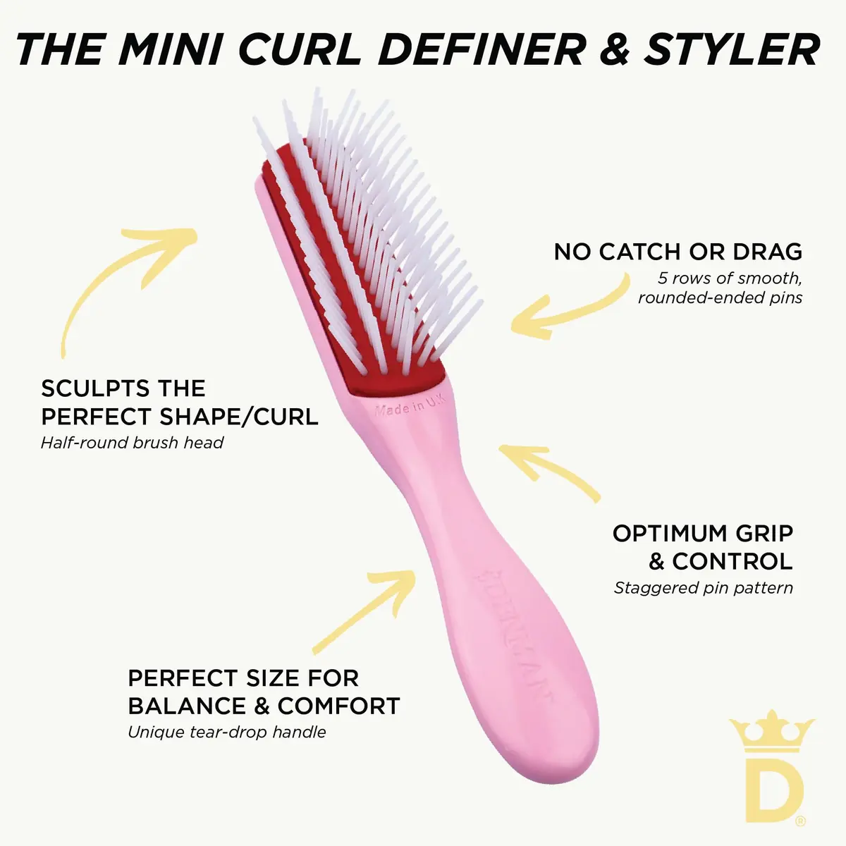 Denman Mini 5-Row Styling Brush D14 Pink Crush | Define Curls & Smooth Frizz - view 5